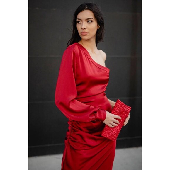 ONE33 Social Elana One-Shoulder Midi Cocktail Dress Red Size 00 US New With Tag - Picture 2 of 3
